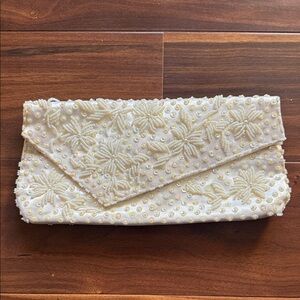 Vintage Ivory Beaded-Sequined Clutch Purse Handbag